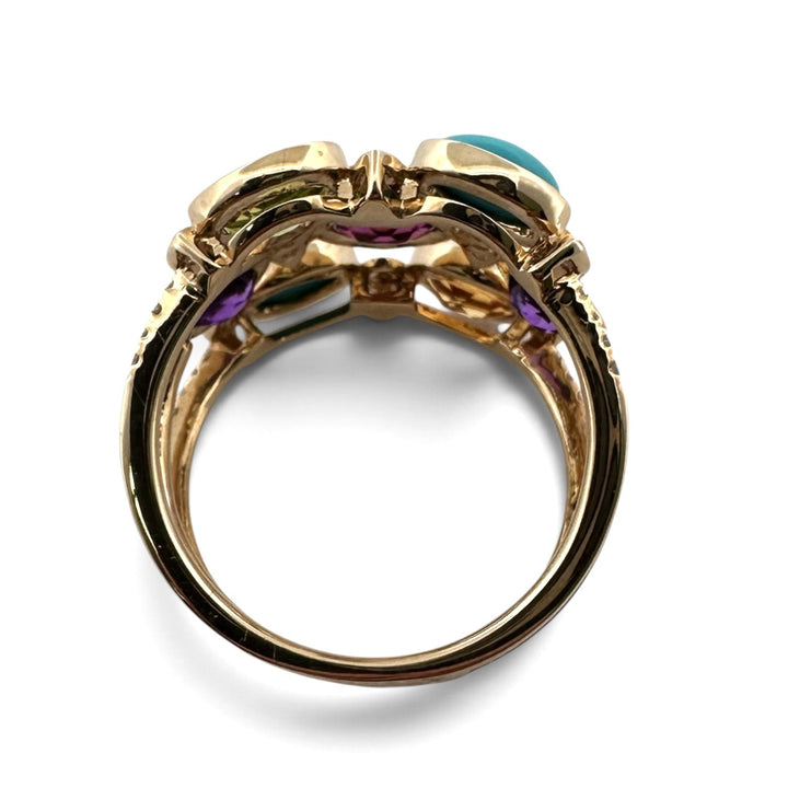 Oval Multi-Gemstone & Natural Diamond 3-Row Cocktail Ring in 14k Yellow Gold by Effy