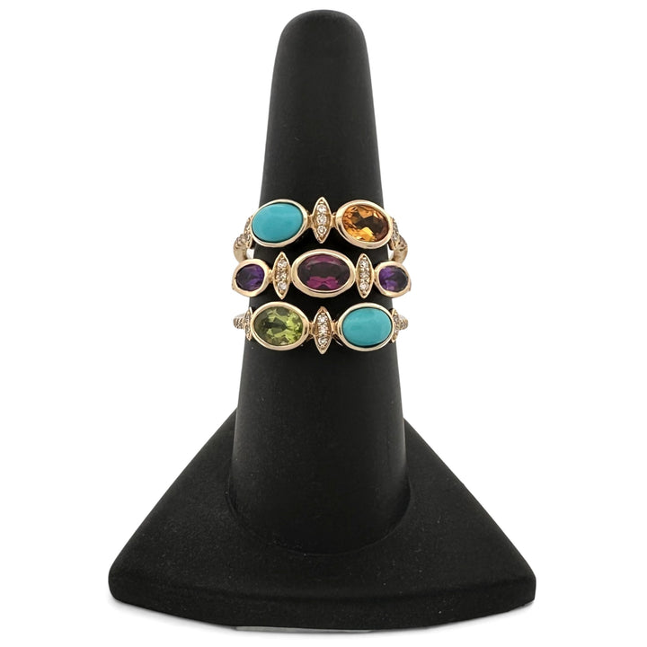 Oval Multi-Gemstone & Natural Diamond 3-Row Cocktail Ring in 14k Yellow Gold by Effy