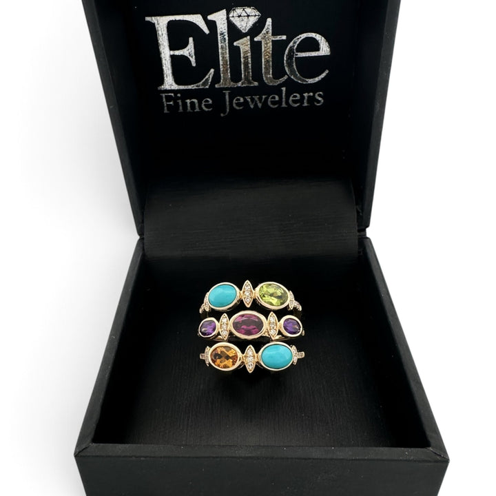 Oval Multi-Gemstone & Natural Diamond 3-Row Cocktail Ring in 14k Yellow Gold by Effy