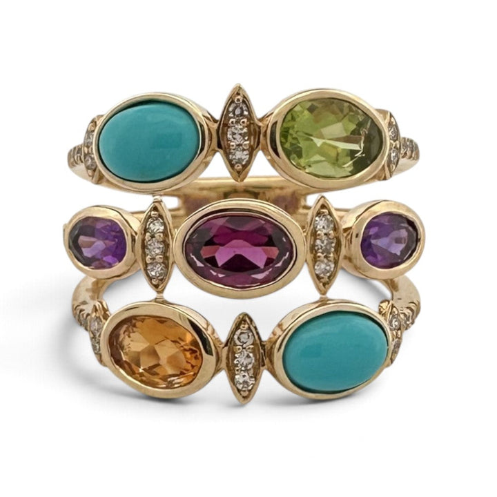 Oval Multi-Gemstone & Natural Diamond 3-Row Cocktail Ring in 14k Yellow Gold by Effy