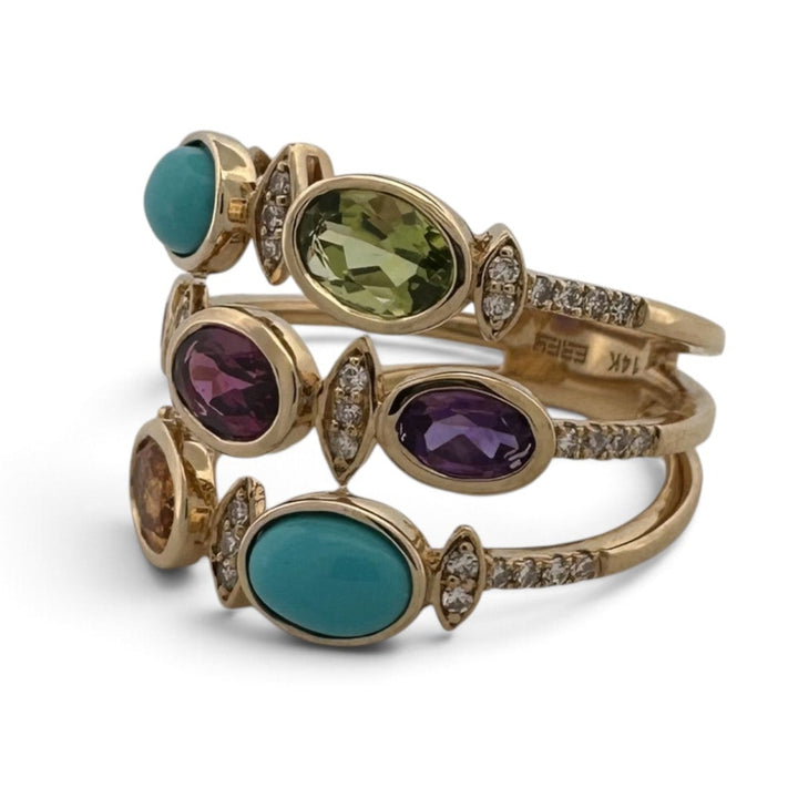 Oval Multi-Gemstone & Natural Diamond 3-Row Cocktail Ring in 14k Yellow Gold by Effy