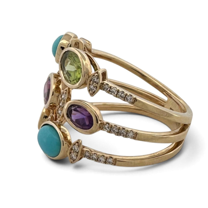 Oval Multi-Gemstone & Natural Diamond 3-Row Cocktail Ring in 14k Yellow Gold by Effy