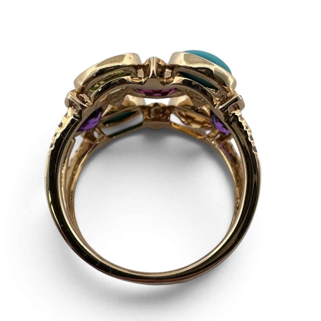 Oval Multi-Gemstone & Natural Diamond 3-Row Cocktail Ring in 14k Yellow Gold by Effy