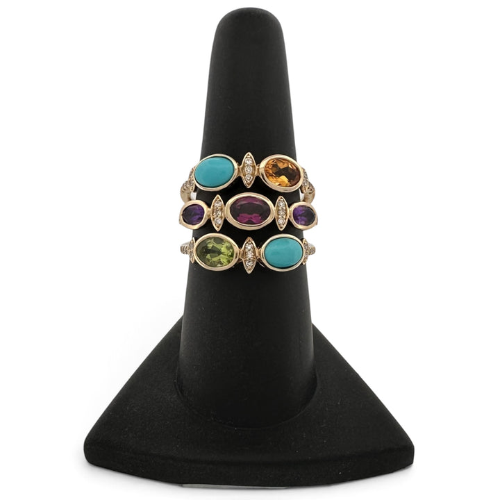 Oval Multi-Gemstone & Natural Diamond 3-Row Cocktail Ring in 14k Yellow Gold by Effy