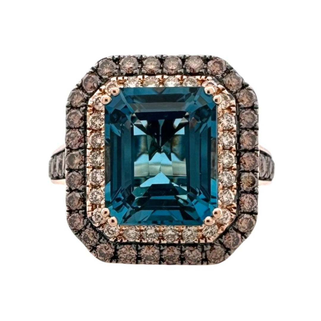 Deep Sea Blue Emerald Cut Topaz with Chocolate & Nude Diamond Double Halo Cocktail Ring in 14k Rose Gold by Le Vian