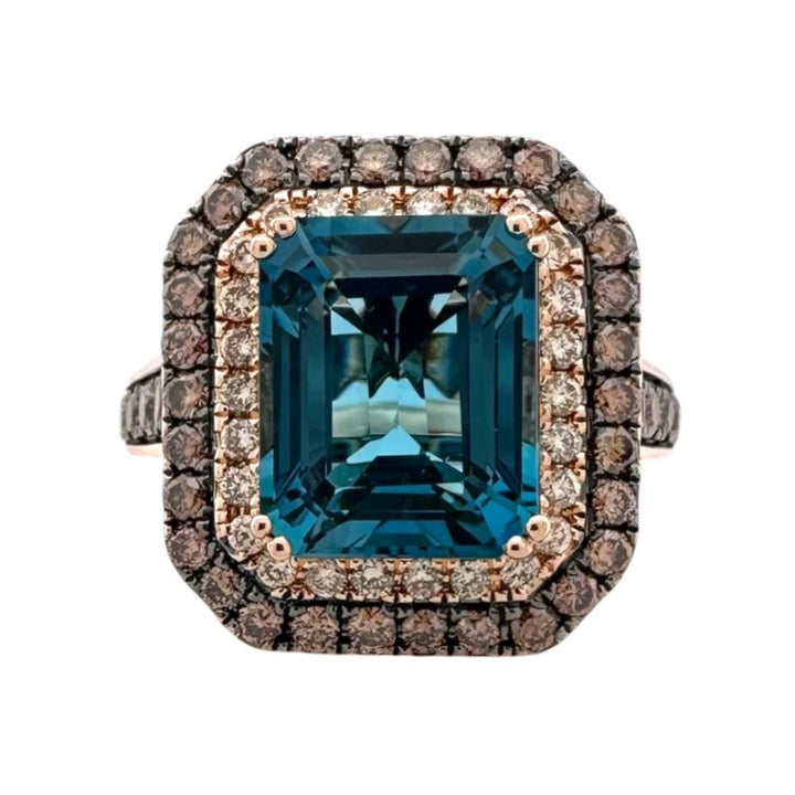Deep Sea Blue Emerald Cut Topaz with Chocolate & Nude Diamond Double Halo Cocktail Ring in 14k Rose Gold by Le Vian