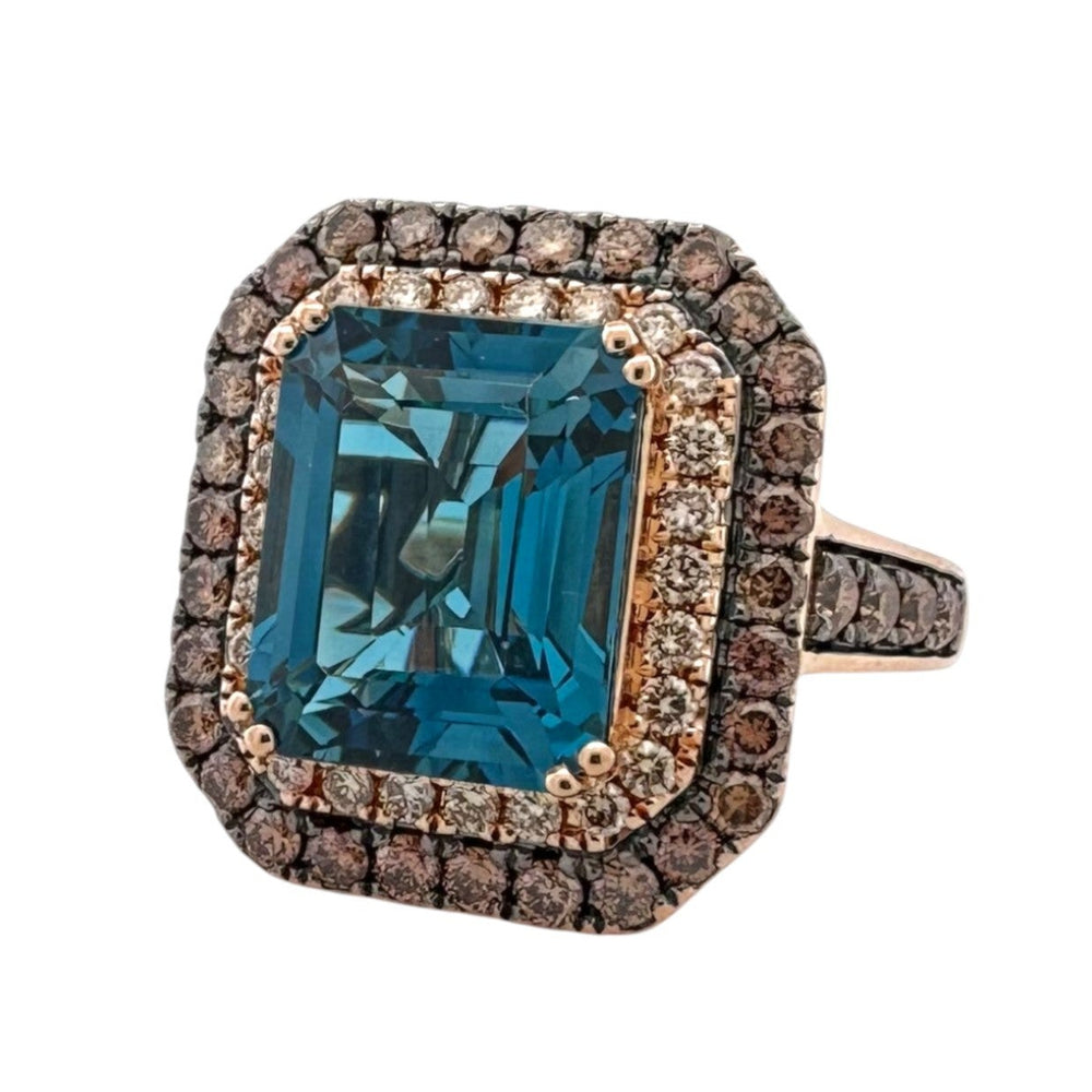 Deep Sea Blue Emerald Cut Topaz with Chocolate & Nude Diamond Double Halo Cocktail Ring in 14k Rose Gold by Le Vian