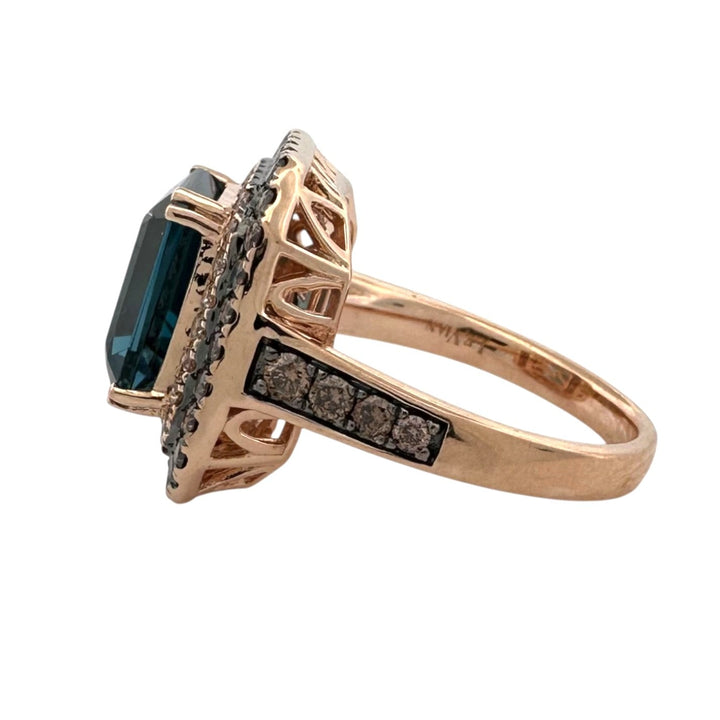 Deep Sea Blue Emerald Cut Topaz with Chocolate & Nude Diamond Double Halo Cocktail Ring in 14k Rose Gold by Le Vian