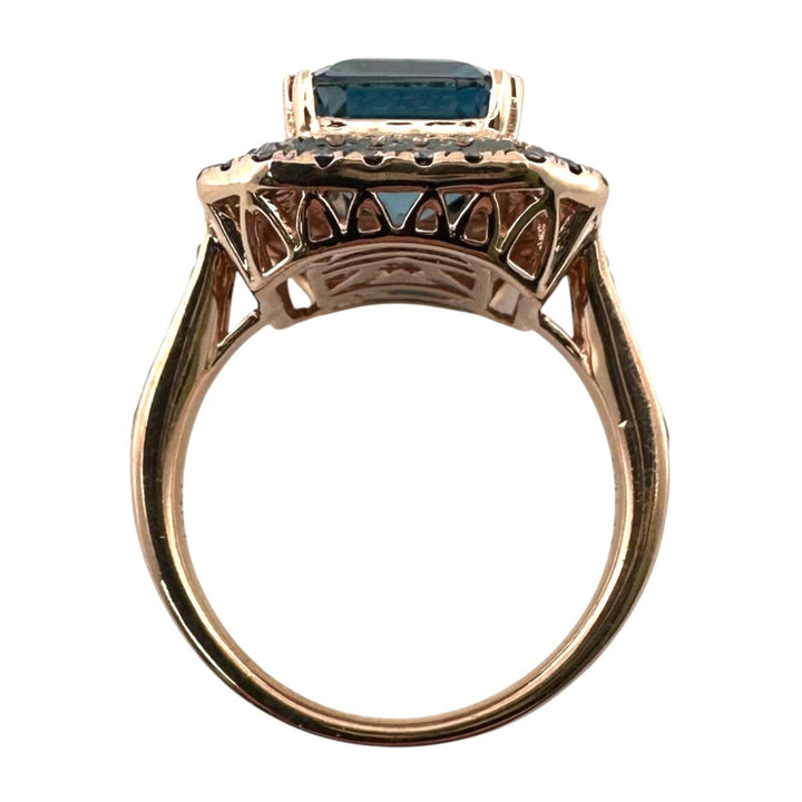 Deep Sea Blue Emerald Cut Topaz with Chocolate & Nude Diamond Double Halo Cocktail Ring in 14k Rose Gold by Le Vian