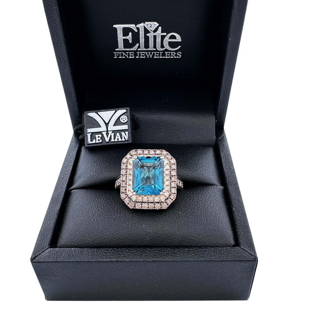 Deep Sea Blue Emerald Cut Topaz with Chocolate & Nude Diamond Double Halo Cocktail Ring in 14k Rose Gold by Le Vian