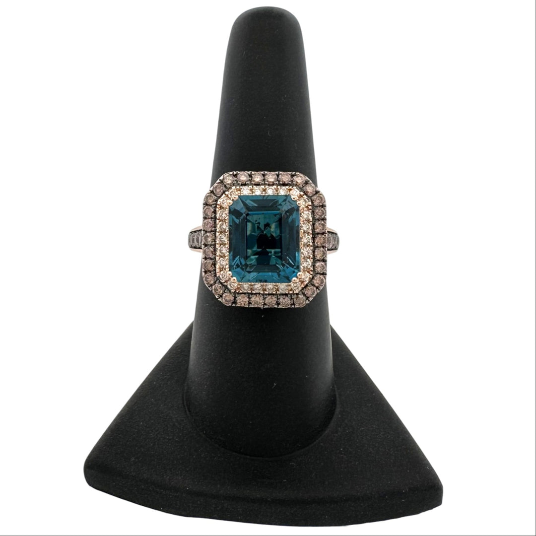 Deep Sea Blue Emerald Cut Topaz with Chocolate & Nude Diamond Double Halo Cocktail Ring in 14k Rose Gold by Le Vian