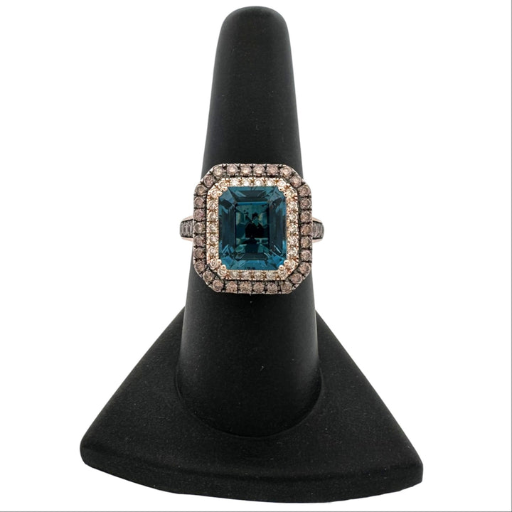 Deep Sea Blue Emerald Cut Topaz with Chocolate & Nude Diamond Double Halo Cocktail Ring in 14k Rose Gold by Le Vian