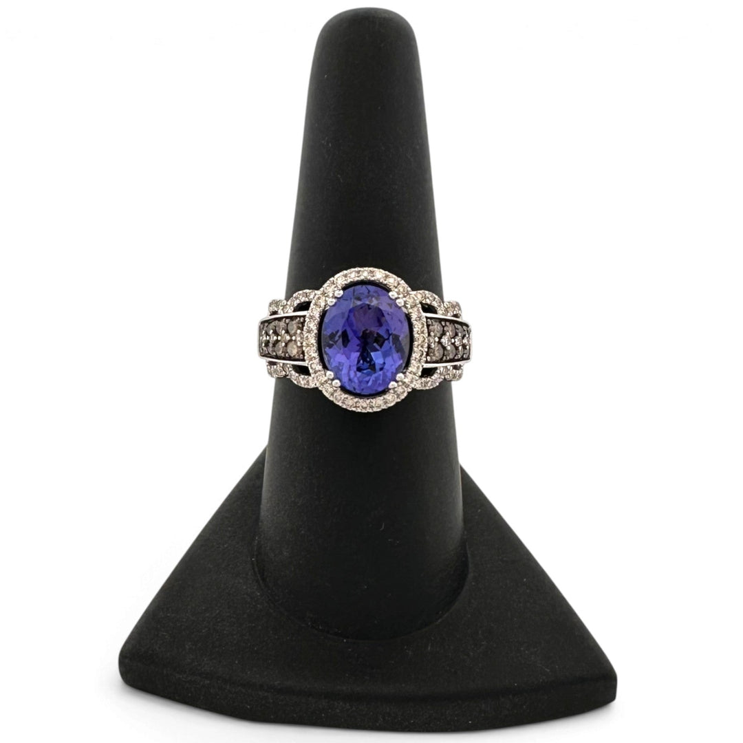 Blueberry Oval Tanzanite with Nude & Chocolate Diamond Halo Cocktail Ring in 14k White Gold by Le Vian