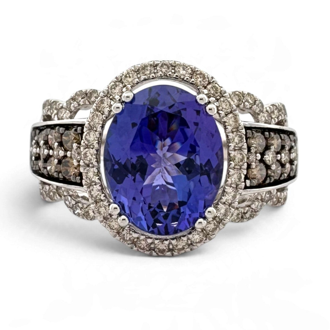 Blueberry Oval Tanzanite with Nude & Chocolate Diamond Halo Cocktail Ring in 14k White Gold by Le Vian