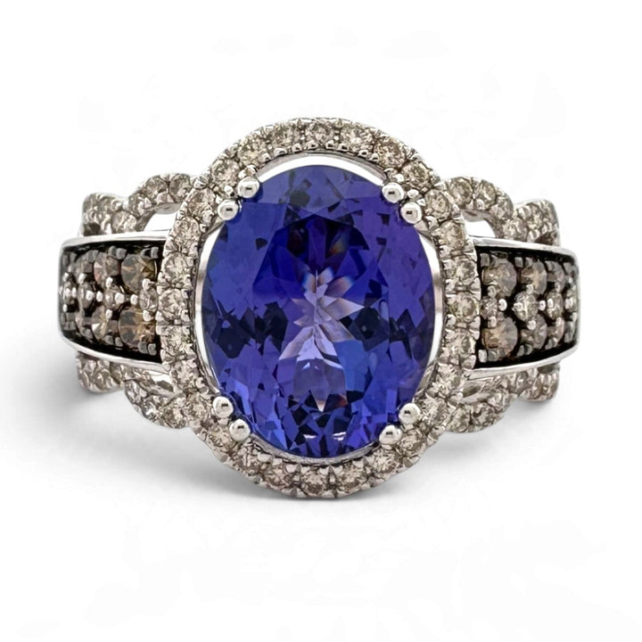 Blueberry Oval Tanzanite with Nude & Chocolate Diamond Halo Cocktail Ring in 14k White Gold by Le Vian
