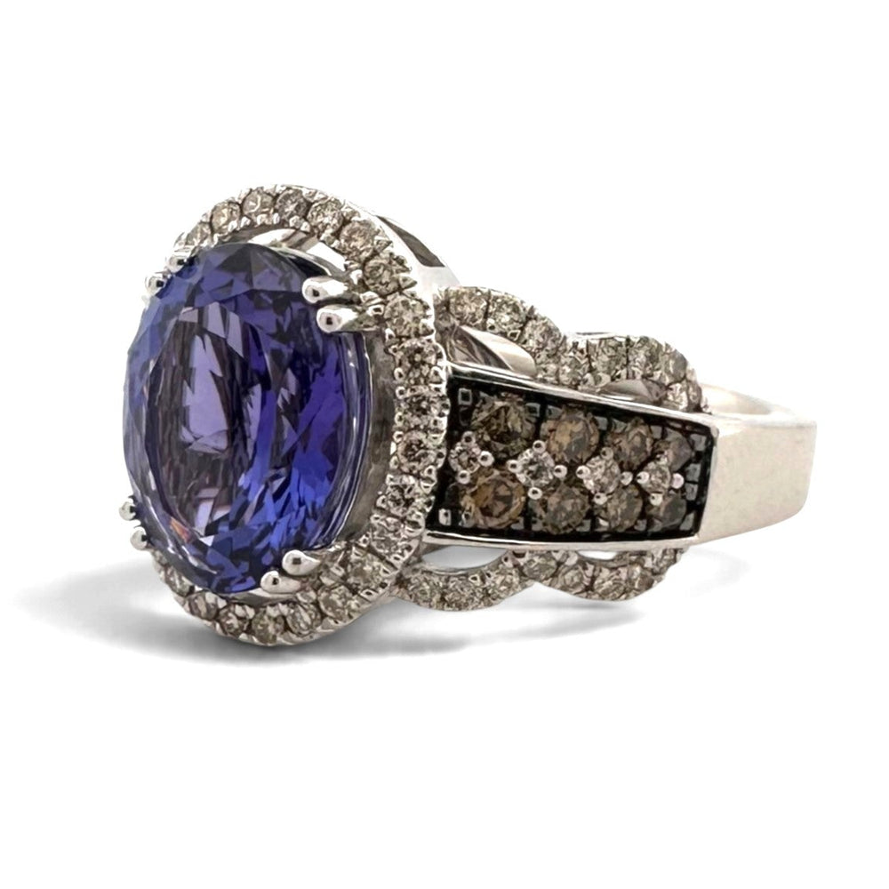 Blueberry Oval Tanzanite with Nude & Chocolate Diamond Halo Cocktail Ring in 14k White Gold by Le Vian