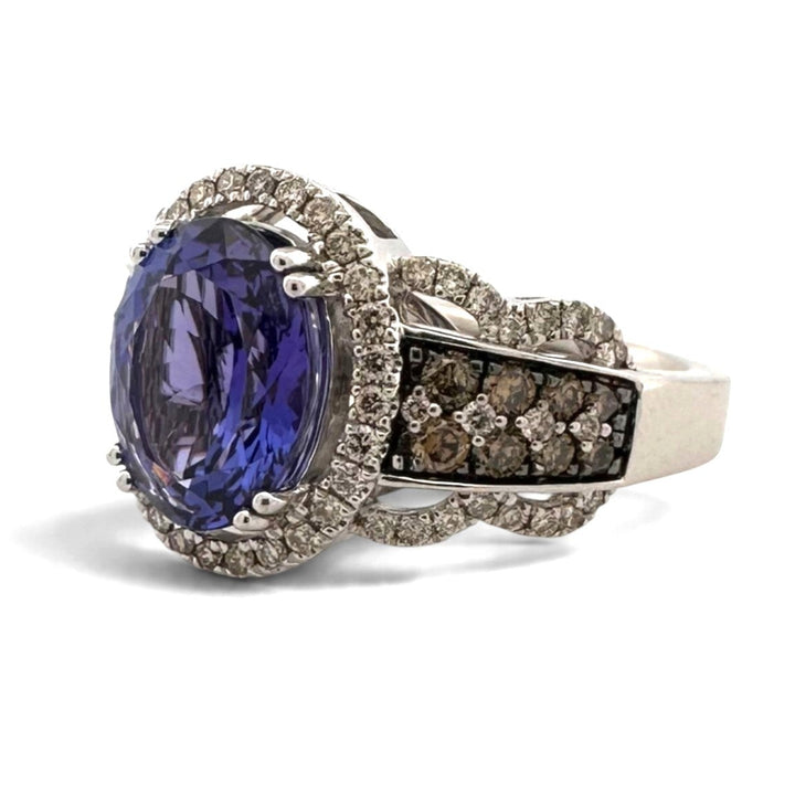 Blueberry Oval Tanzanite with Nude & Chocolate Diamond Halo Cocktail Ring in 14k White Gold by Le Vian