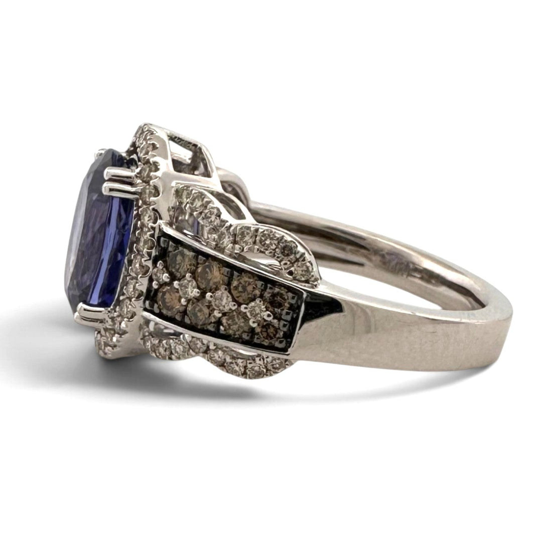 Blueberry Oval Tanzanite with Nude & Chocolate Diamond Halo Cocktail Ring in 14k White Gold by Le Vian