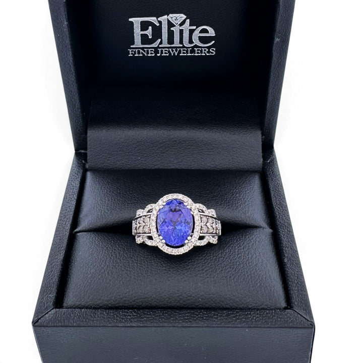 Blueberry Oval Tanzanite with Nude & Chocolate Diamond Halo Cocktail Ring in 14k White Gold by Le Vian
