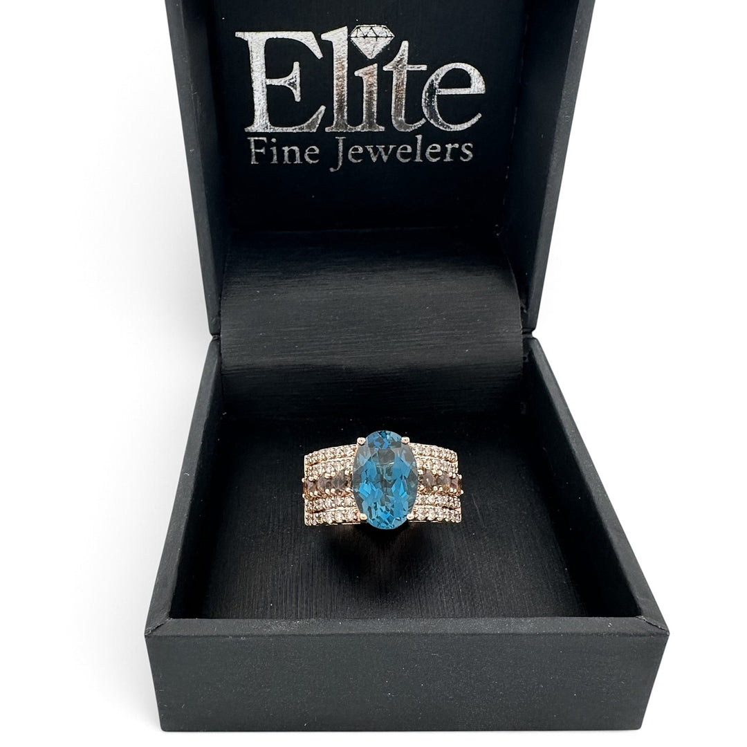Deep Sea Blue Oval Topaz with Nude Diamonds & Chocolate Quartz Cocktail Ring in 14k Rose Gold by Le Vian