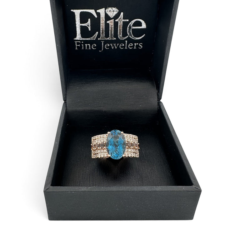 Deep Sea Blue Oval Topaz with Nude Diamonds & Chocolate Quartz Cocktail Ring in 14k Rose Gold by Le Vian