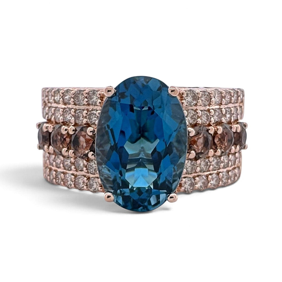 Deep Sea Blue Oval Topaz with Nude Diamonds & Chocolate Quartz Cocktail Ring in 14k Rose Gold by Le Vian