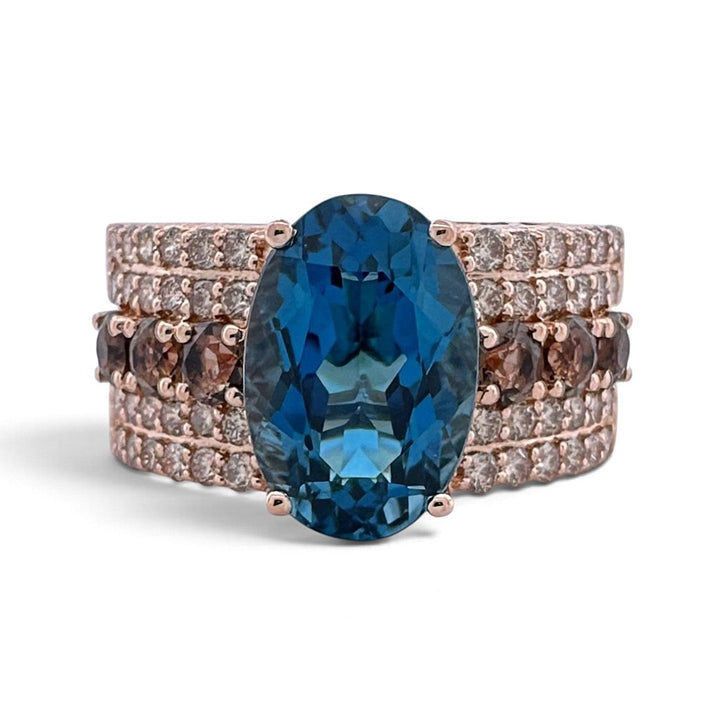 Deep Sea Blue Oval Topaz with Nude Diamonds & Chocolate Quartz Cocktail Ring in 14k Rose Gold by Le Vian