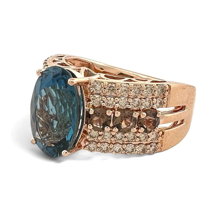 Deep Sea Blue Oval Topaz with Nude Diamonds & Chocolate Quartz Cocktail Ring in 14k Rose Gold by Le Vian