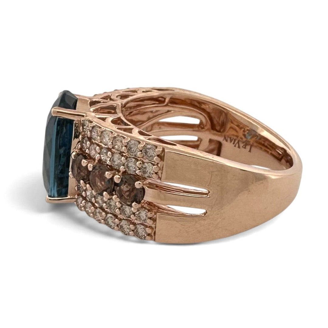 Deep Sea Blue Oval Topaz with Nude Diamonds & Chocolate Quartz Cocktail Ring in 14k Rose Gold by Le Vian