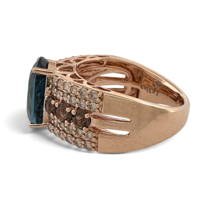 Deep Sea Blue Oval Topaz with Nude Diamonds & Chocolate Quartz Cocktail Ring in 14k Rose Gold by Le Vian