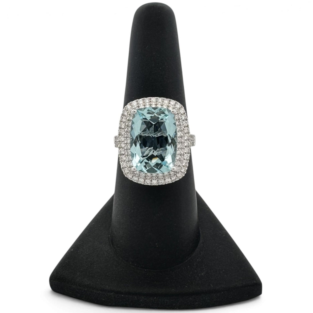 Cushion Aquamarine with Round Brilliant Natural Diamonds Double Halo Cocktail Ring in 14k White Gold by Effy