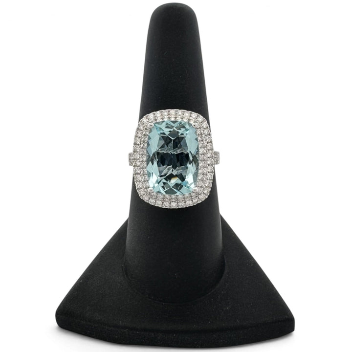 Cushion Aquamarine with Round Brilliant Natural Diamonds Double Halo Cocktail Ring in 14k White Gold by Effy