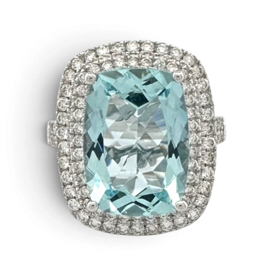 Cushion Aquamarine with Round Brilliant Natural Diamonds Double Halo Cocktail Ring in 14k White Gold by Effy