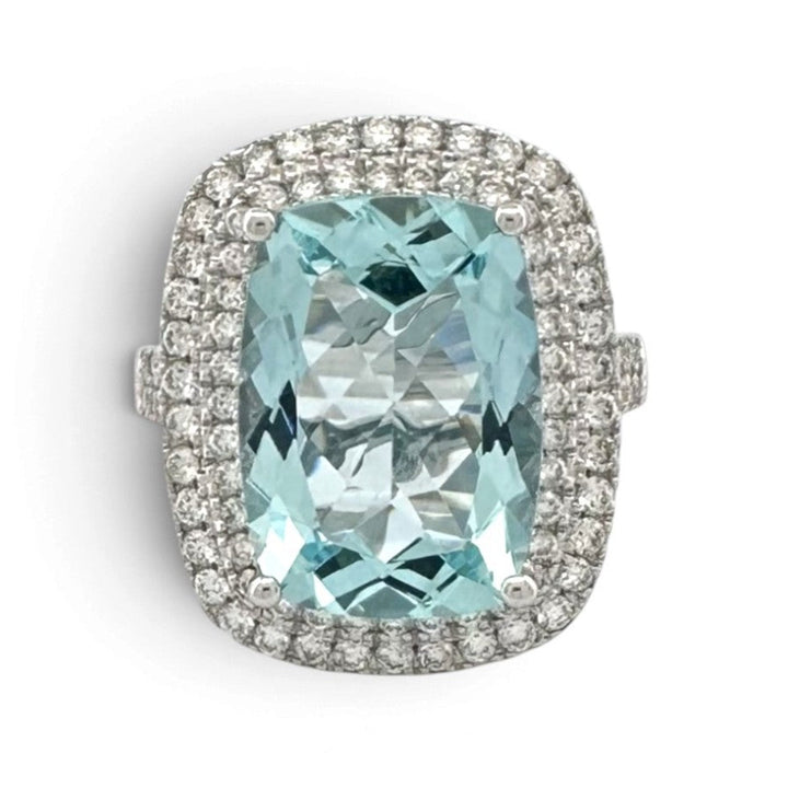 Cushion Aquamarine with Round Brilliant Natural Diamonds Double Halo Cocktail Ring in 14k White Gold by Effy
