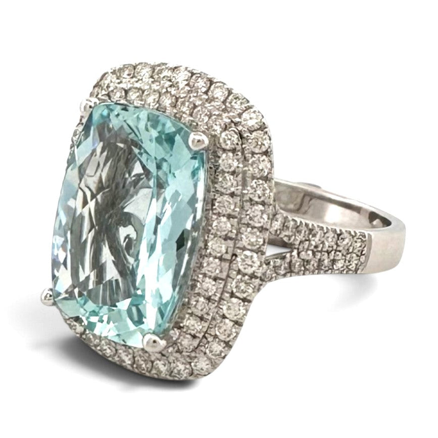 Cushion Aquamarine with Round Brilliant Natural Diamonds Double Halo Cocktail Ring in 14k White Gold by Effy