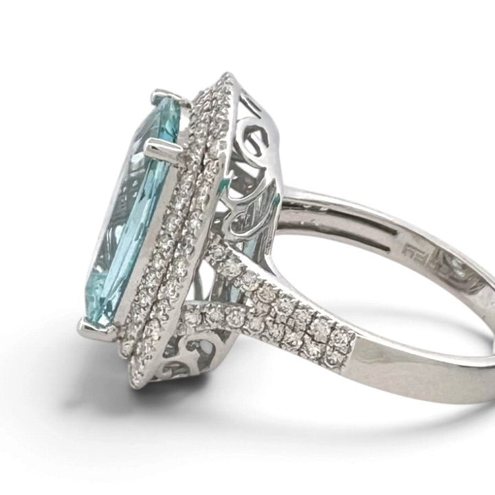 Cushion Aquamarine with Round Brilliant Natural Diamonds Double Halo Cocktail Ring in 14k White Gold by Effy