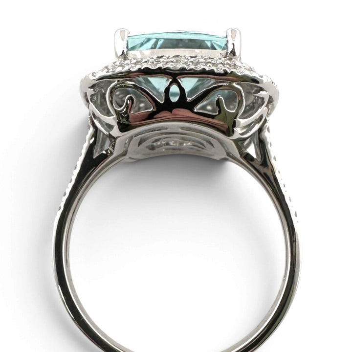 Cushion Aquamarine with Round Brilliant Natural Diamonds Double Halo Cocktail Ring in 14k White Gold by Effy