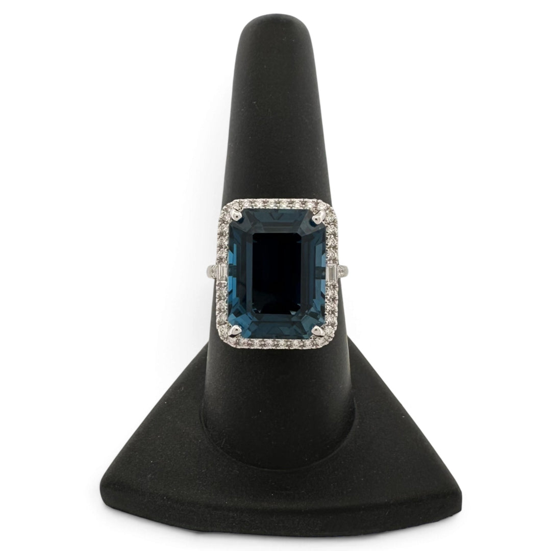 Emerald Cut Blue Topaz & Natural Diamond Halo Cocktail Ring in 14k White Gold by Effy