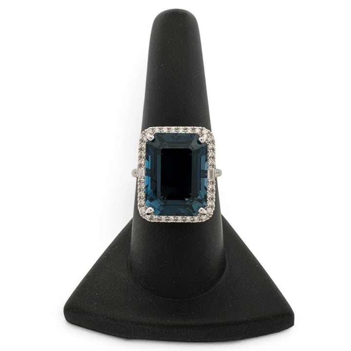 Emerald Cut Blue Topaz & Natural Diamond Halo Cocktail Ring in 14k White Gold by Effy