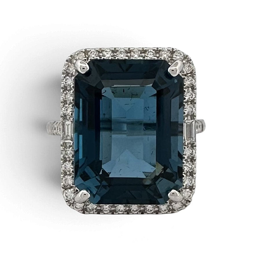Emerald Cut Blue Topaz & Natural Diamond Halo Cocktail Ring in 14k White Gold by Effy