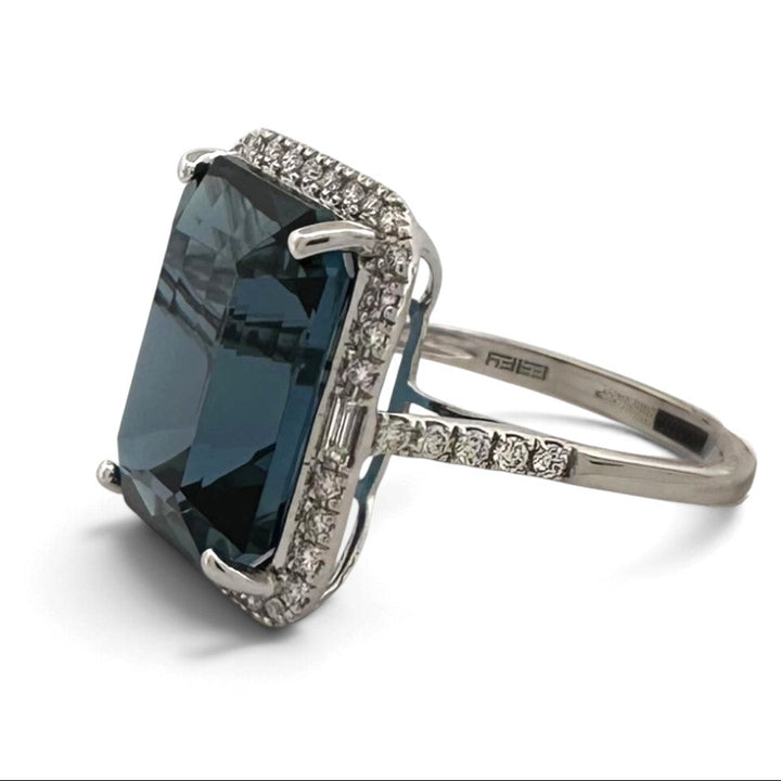 Emerald Cut Blue Topaz & Natural Diamond Halo Cocktail Ring in 14k White Gold by Effy