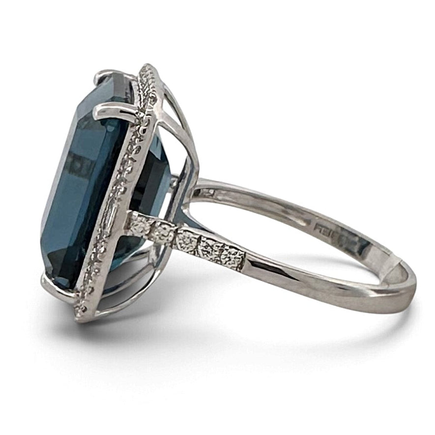 Emerald Cut Blue Topaz & Natural Diamond Halo Cocktail Ring in 14k White Gold by Effy