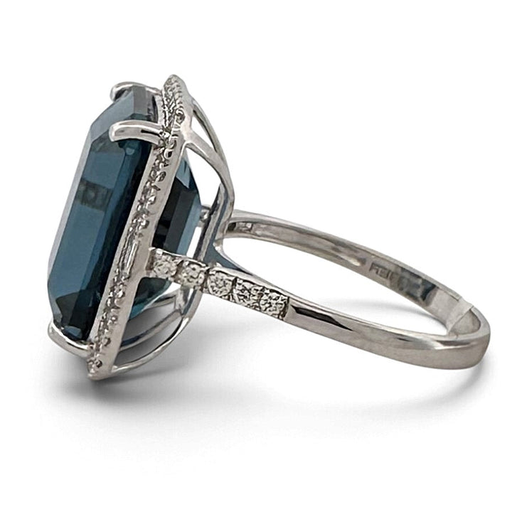 Emerald Cut Blue Topaz & Natural Diamond Halo Cocktail Ring in 14k White Gold by Effy