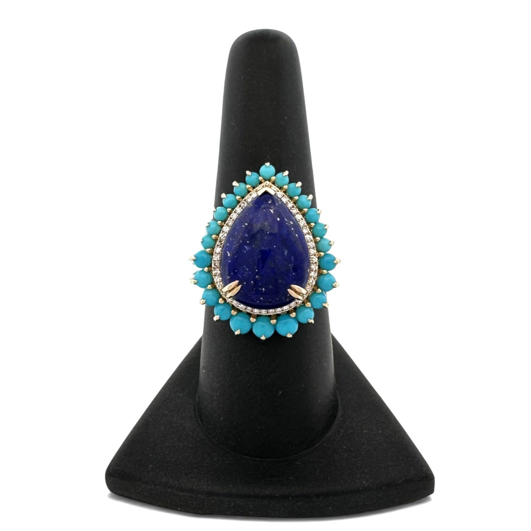 Pear Lapis Lazuli with Turquoise & Natural Diamond Halo Cocktail Ring in 14k Yellow Gold by Effy