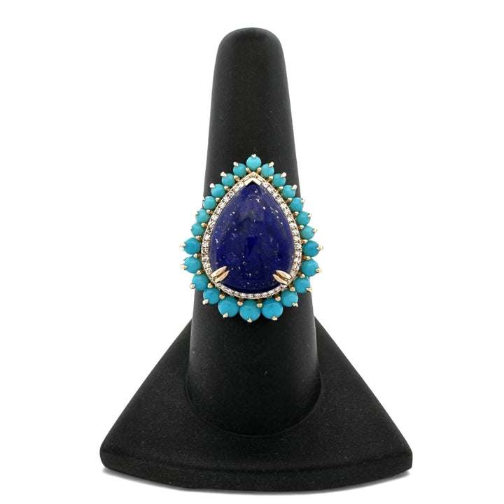 Pear Lapis Lazuli with Turquoise & Natural Diamond Halo Cocktail Ring in 14k Yellow Gold by Effy