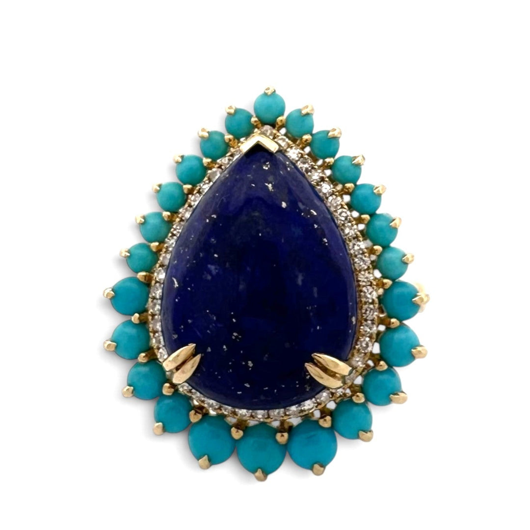 Pear Lapis Lazuli with Turquoise & Natural Diamond Halo Cocktail Ring in 14k Yellow Gold by Effy
