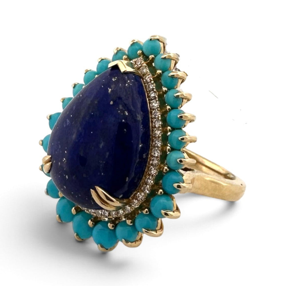 Pear Lapis Lazuli with Turquoise & Natural Diamond Halo Cocktail Ring in 14k Yellow Gold by Effy