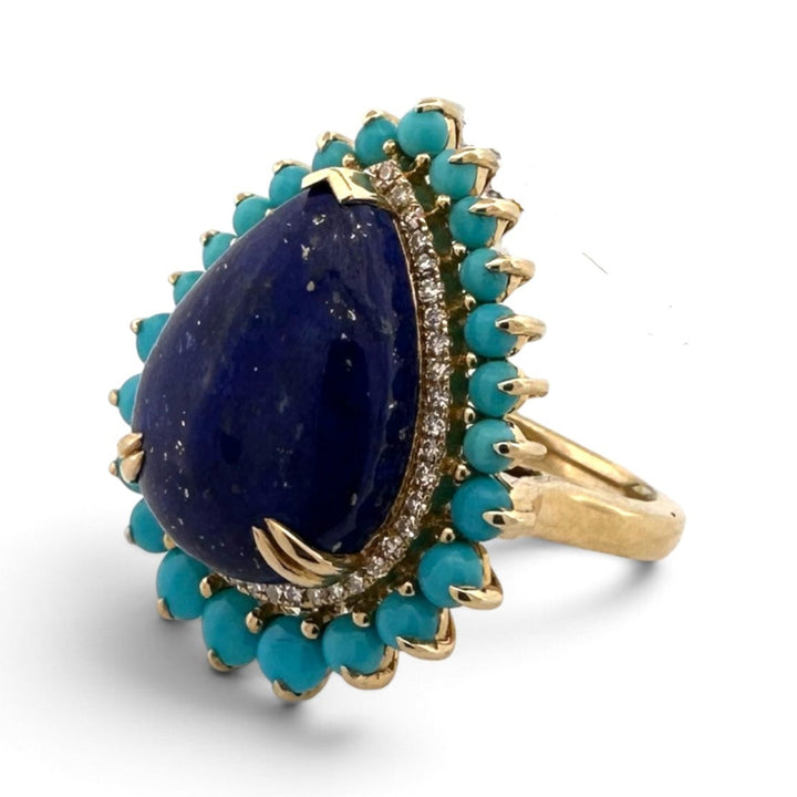 Pear Lapis Lazuli with Turquoise & Natural Diamond Halo Cocktail Ring in 14k Yellow Gold by Effy