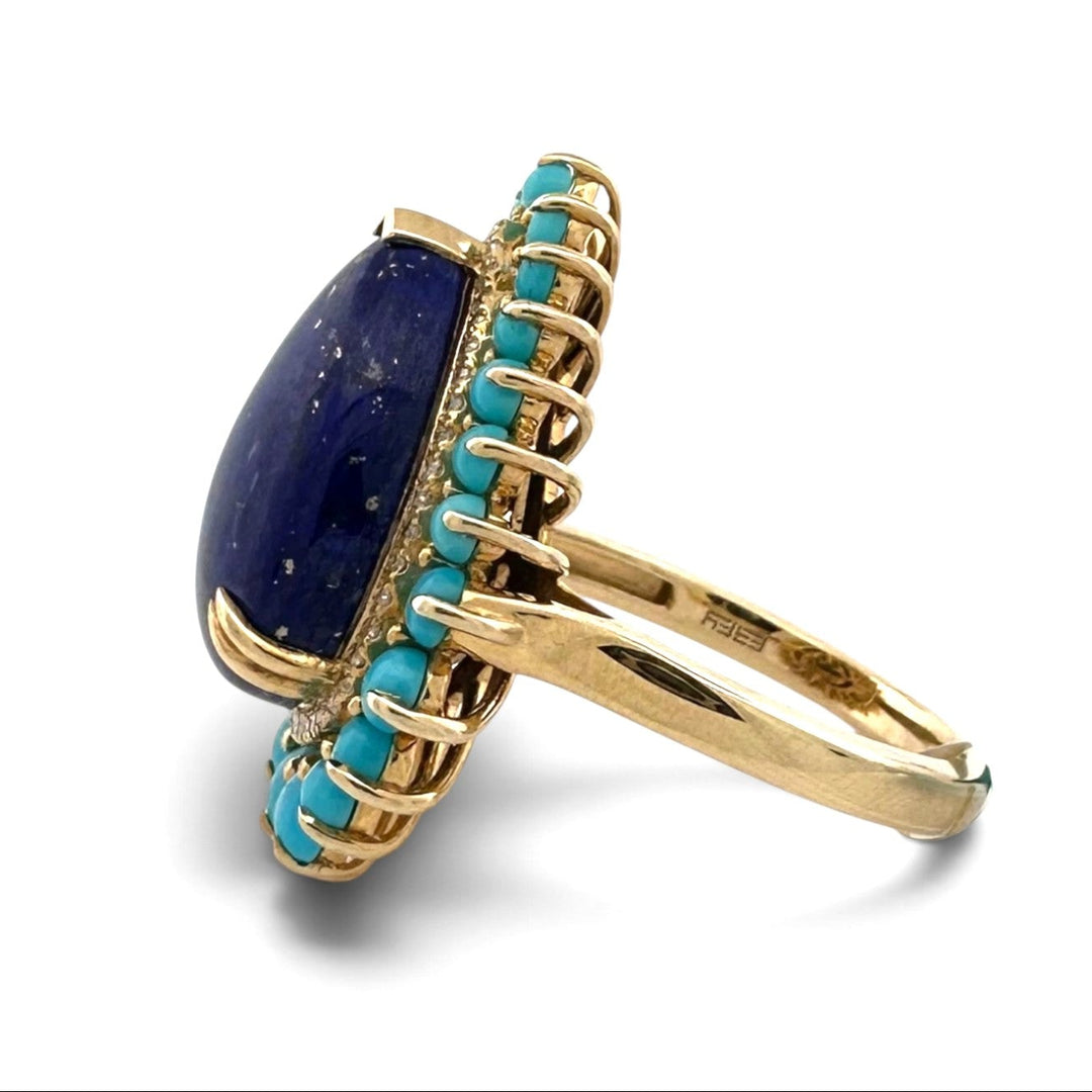 Pear Lapis Lazuli with Turquoise & Natural Diamond Halo Cocktail Ring in 14k Yellow Gold by Effy