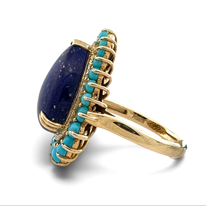 Pear Lapis Lazuli with Turquoise & Natural Diamond Halo Cocktail Ring in 14k Yellow Gold by Effy